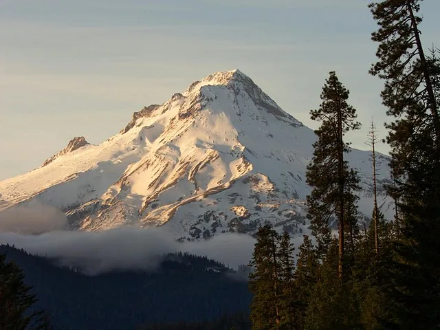 Il Monte Hood innevato che svetta sopra uno strato di nuvole basse