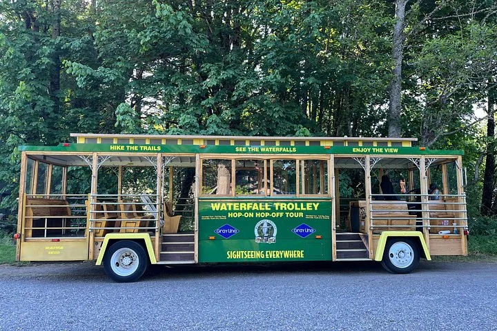 Profilo laterale del Waterfall Trolley all'aperto parcheggiato vicino agli alberi